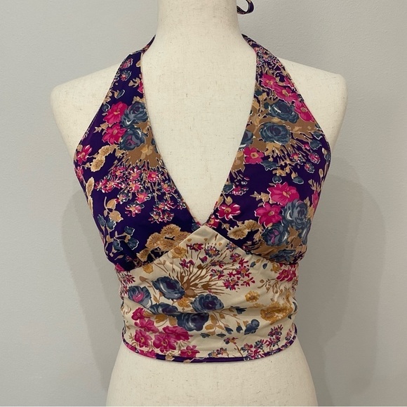 HALTER Floral Colorful Reversible Crop Top - Picture 2 of 12